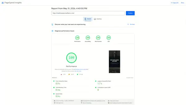 Lighthouse 100/100 scores of https://matthewaaronwilliams.com